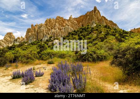 The Clay Cliffs in Omarama were formed over millions of years by natural erosion and sedimentation. Found in New Zealand south island in Waitaki area. Stock Photo