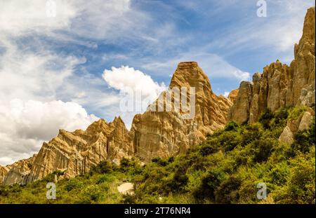 The Clay Cliffs in Omarama were formed over millions of years by natural erosion and sedimentation. Found in New Zealand south island in Waitaki area. Stock Photo