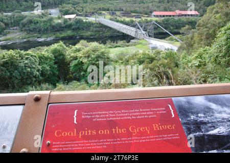 Information signage at historic Brunner Mine site, Westland, New Zealand Stock Photo