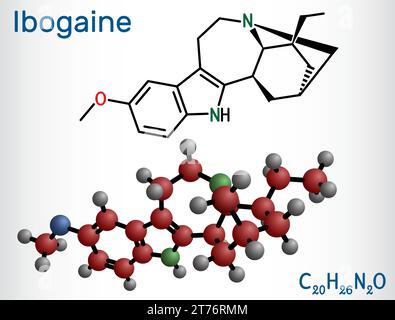 Ibogaine molecule. It is monoterpenoid indole alkaloid, psychoactive substance, hallucinogen, psychedelic. Structural chemical formula, molecule model Stock Vector