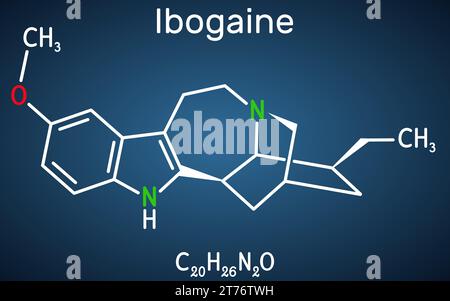 Ibogaine molecule. It is monoterpenoid indole alkaloid, psychoactive substance, hallucinogen, psychedelic. Structural chemical formula on the dark blu Stock Vector