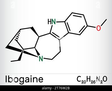 Ibogaine molecule. It is monoterpenoid indole alkaloid, psychoactive substance, hallucinogen, psychedelic. Skeletal chemical formula. Vector illustrat Stock Vector