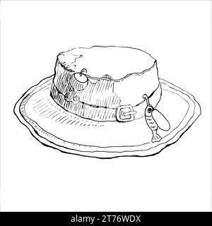 Vector illustration of a man fishing hat, with decorations in the form of a float, baubles. Hand drawn sketch picture, Linear drawing. Stock Vector