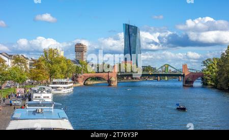 Riparian impression around the Old Bridge of Frankfurt am Main, a city in the german state of Hesse at autumn time Stock Photo