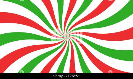 Christmas candy swirl background. Christmas candycane radial pattern with red and green stripes. Xmas swirl lollipop vortex texture. Peppermint Stock Vector
