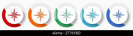 Compass vector icon set, flat design colorful round icons in 5 color options for webdesign and mobile applications Stock Vector