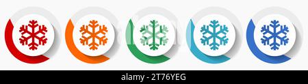 Snowflake vector icon set, flat design colorful round icons in 5 color options for webdesign and mobile applications Stock Vector