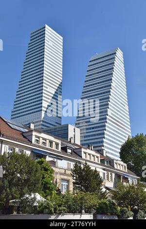 Roche Towers, 1 & 2, built for Pharmaceutical company Hoffman-La Roche, in Basel Switzerland, 41 & 53 storeys, architects Herzog & de Meuron Stock Photo