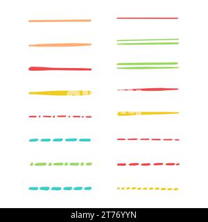Collection of strikethrough multi colored underlines. different doodle colorful dotted and wavy lines emphasis. Horizontal hand drawn marker stripes, Stock Vector