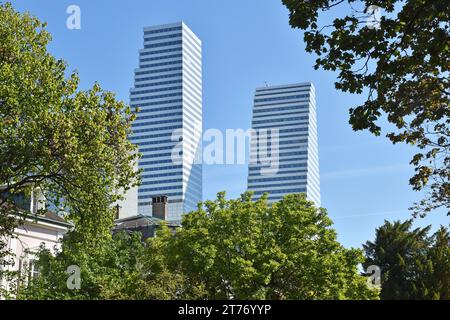 Roche Towers, 1 & 2, built for Pharmaceutical company Hoffman-La Roche, in Basel Switzerland, 41 & 53 storeys, architects Herzog & de Meuron Stock Photo