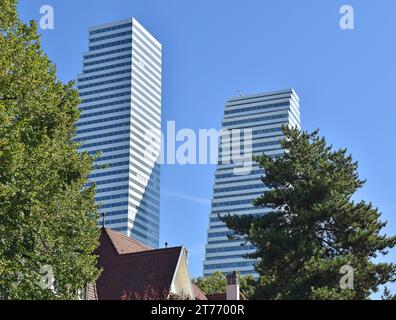 Roche Towers, 1 & 2, built for Pharmaceutical company Hoffman-La Roche, in Basel Switzerland, 41 & 53 storeys, architects Herzog & de Meuron Stock Photo