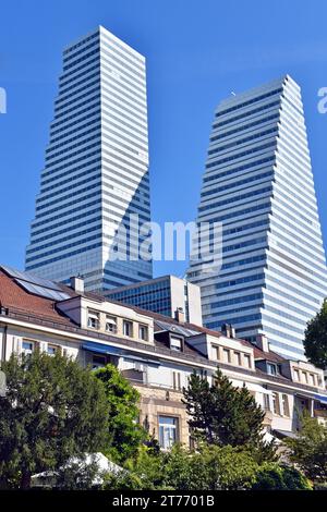 Roche Towers, 1 & 2, built for Pharmaceutical company Hoffman-La Roche, in Basel Switzerland, 41 & 53 storeys, architects Herzog & de Meuron Stock Photo