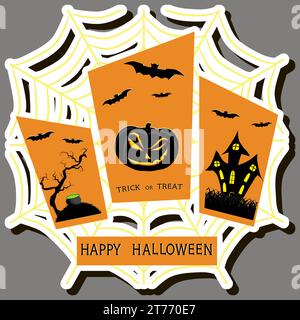 Illustration on theme sticker for celebration fun holiday Halloween with orange pumpkins Stock Vector