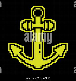 Ship anchor Pixel silhouette icon. Safe anchorage of ships in port. Simple black and yellow vector Stock Vector