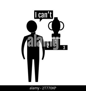 The icon silhouette of a man stands with his head bowed and hands down, in the background the winner's cup and the steps of victorious places. Stock Vector