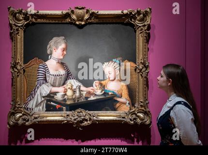 The National Gallery, London, UK. 14th Nov, 2023. Swiss painter Jean-Etienne Liotard and his pastel work of The Lavergne Family Breakfast, 1754, is reunited with his oil version of the same subject painted 20 years after the pastel work (photo). Last exhibited in 1754, when Liotard brought the pastel from Lyon to London, and hardly been seen in public since, this exhibition runs from 16 Nov 2023 - 3 Mar 2024. Credit: Malcolm Park/Alamy Live News Stock Photo