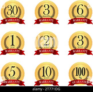 Golden warranty badge (label) illustration set Stock Vector