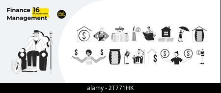 Activities financial black and white 2D illustration concepts bundle Stock Vector