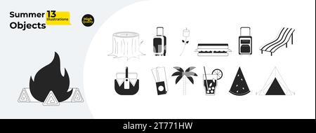 Fun summer black and white 2D line cartoon objects bundle Stock Vector