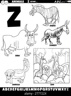 Cartoon illustration of animal characters set for letter Z coloring page Stock Vector