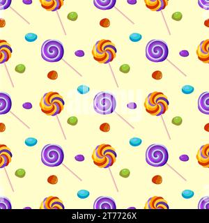 Seamless pattern with lollipops and jelly candies, nuts in multicolored caramel icing. For wrapping paper, packaging, fabric, wallpaper. Vector illust Stock Vector