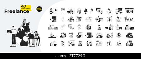 Freelance jobs work from home black and white 2D illustration concepts bundle Stock Vector