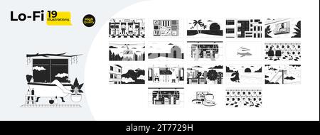 Sad nostalgia night time black and white lofi wallpapers bundle Stock Vector