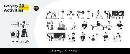 Daily life activities black and white cartoon flat illustration bundle Stock Vector