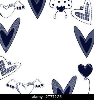Square frame for Valentine's Day with hearts, with hearts with wings and ladybugs on the edges on a white background. Suitable for printing, holidays Stock Vector