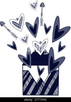 Vector illustration. Valentine's Day, striped love letter with hearts flying out of it, drawn in dark blue vector. For printing on fabric and paper Stock Vector