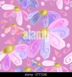 Pink fluttery floral seamless pattern with gold centres and dark pink background - vector pink flowers design Stock Vector