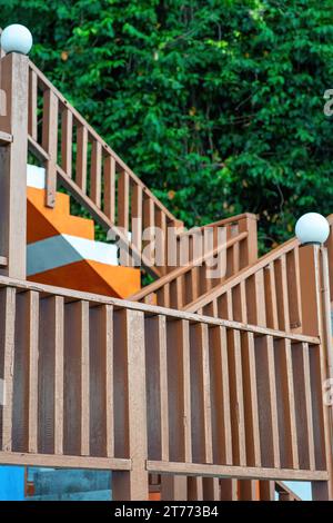 Wooden railings with vertical lines. An architectural structure. Stock Photo