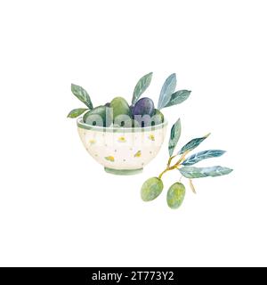 Watercolor hand draw bowl with olives and ceramic jar. Watercolor olive ...
