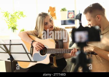 Young Couple Recording Music Studing Video Blog Stock Photo