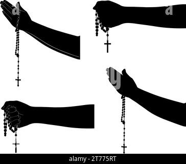 Illustration of hands silhouettes holding rosary isolated on white Stock Vector