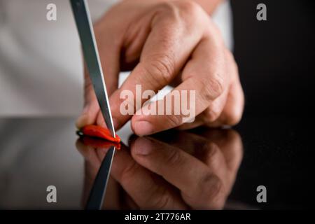 Close up of a chef hands deseeding a red bird's eye chili Stock Photo