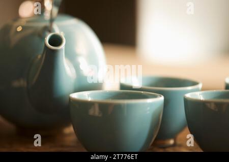Green tea set on table Stock Photo