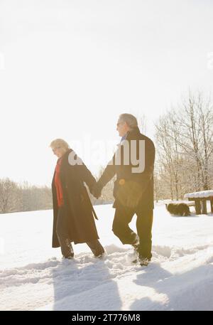 Mature couple walking in the snow holding hands Stock Photo