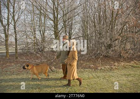 Profile of a mature couple walking with a dog in a park Stock Photo