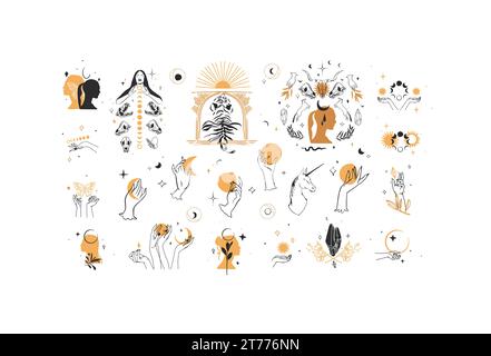 Set of female hands. Witch magic and occult collection. Different vector  hand gestures with sword, stars and crystal. Abstract logo for tarot cards  Stock Vector Image & Art - Alamy