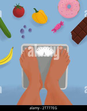 POV view from above barefoot woman standing on weight scale surrounded by unhealthy and healthy food Stock Photo