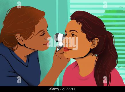 Female doctor examining ear of patient with otoscope in clinic exam room Stock Photo