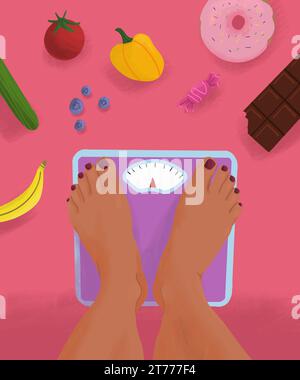 POV legs of barefoot woman standing on weight scale surrounded by junk food and healthy food Stock Photo