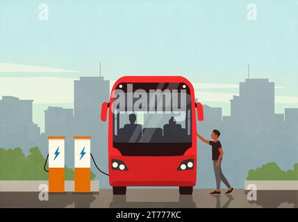 Man boarding electric bus at charging station in city Stock Photo