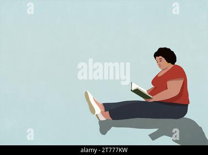 Woman sitting and relaxing, reading book on blue background Stock Photo