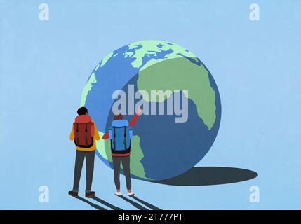 Backpackers pointing and looking up at large globe with shadow Stock Photo