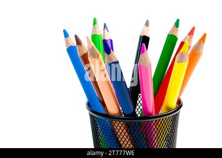 color pencils in the container on white background Stock Photo