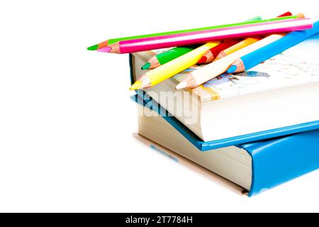 time to school, books and colorful pencils on white background Stock Photo