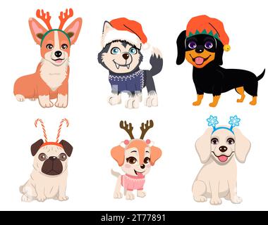 Bundle of cute dogs of different breeds wearing Christmas headbands and hats vector illustration. Set of festive cartoon domestic animals isolated on Stock Photo