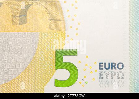 detail of new five euro banknote back side, euro-zone currency Stock Photo